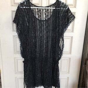 Cover Up Black Lace Love Stitch SzL Short Sleeve Drawstirng